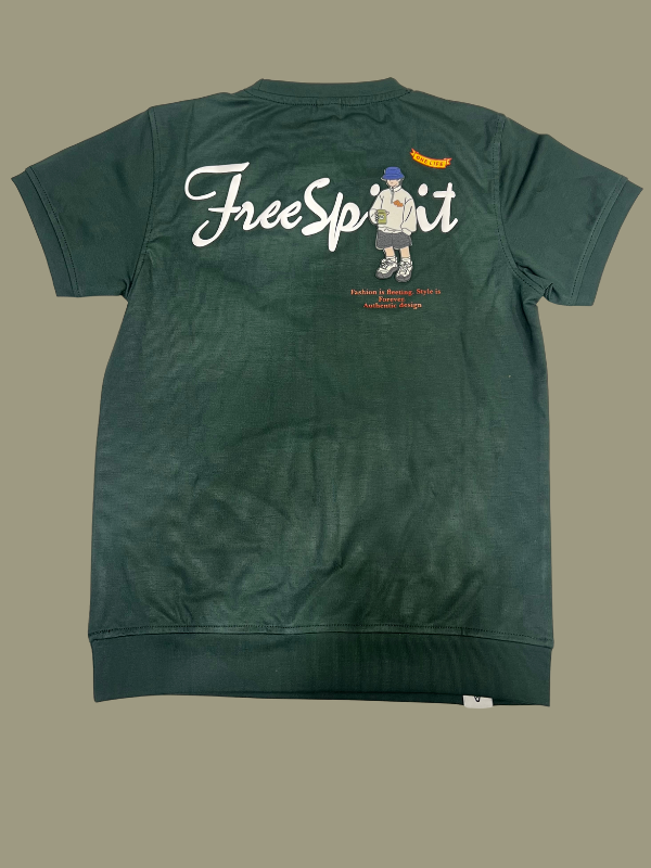 Dark Hunter Green boys' short-sleeve T-shirt with a white "Free Spirit" script and a small cartoon graphic of a backpacker figure