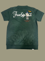 Dark Hunter Green boys' short-sleeve T-shirt with a white "Free Spirit" script and a small cartoon graphic of a backpacker figure