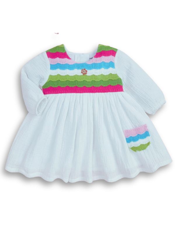 Girls' White Cotton Dress with Multi-Color Woven Yoke
