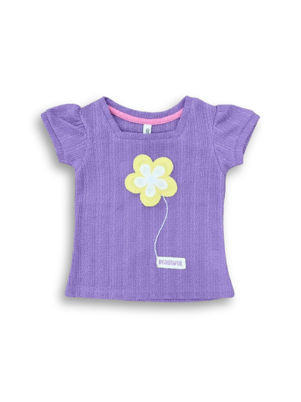 Girls' Purple Ribbed Floral Appliqué Top