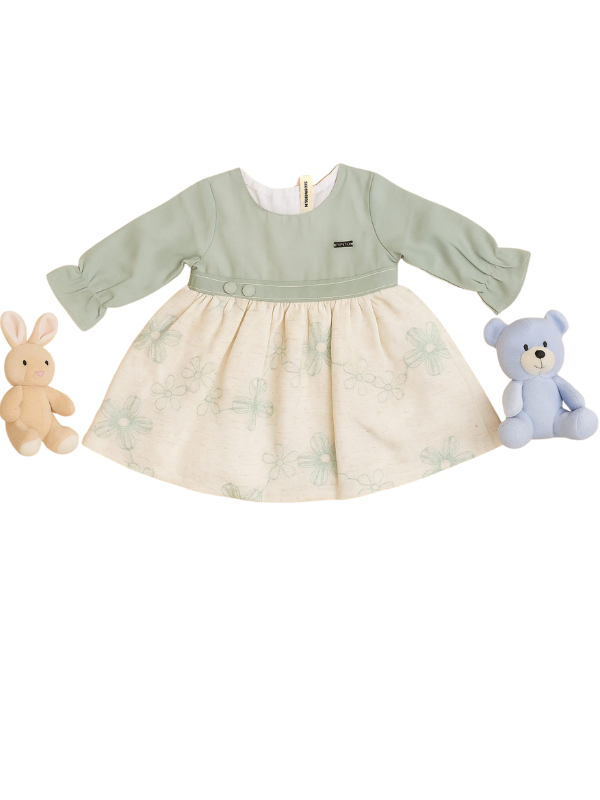 Girls' Sage Green Two-Tone Floral Print Frock