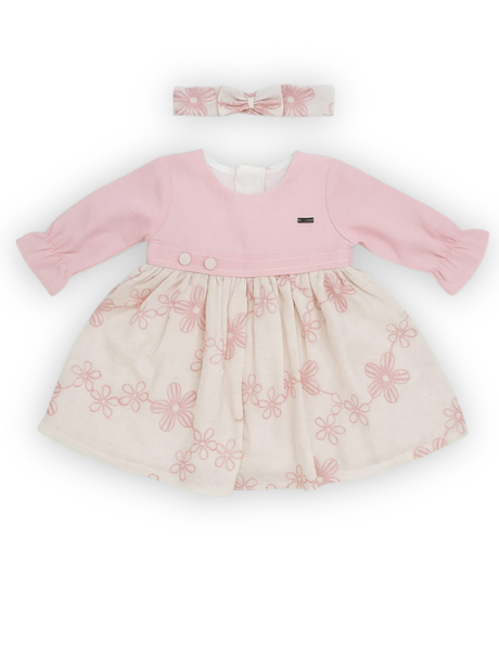 Girls' Pink & Cream Floral Dress with Headband