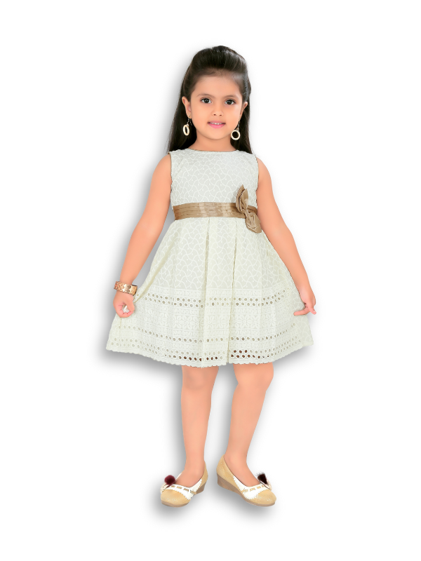 Girls' Elegant Beige/Cream Embroidered Party Dress
