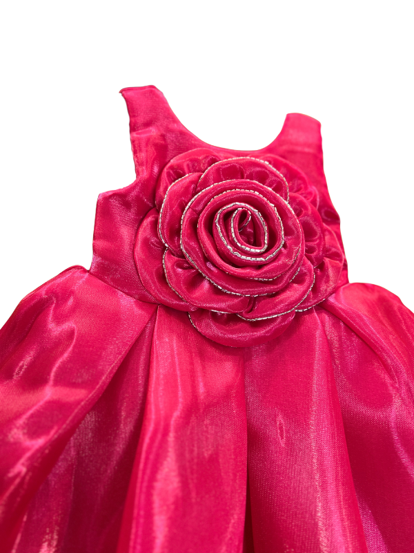 Girls' vibrant rani pink sleeveless dress with a shiny finish, featuring a large, central 3D rosette detail on the bodice and a full, flared skirt.

Export to Sheets
