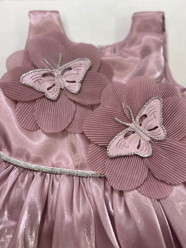 Toddler girl wearing an elegant dusty rose/peach sleeveless dress with large 3D flowers with silver accents on the chest, a shimmery skirt, and pink shoes.

Export to Sheets