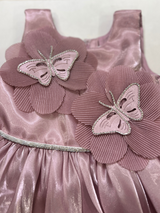 Toddler girl wearing an elegant dusty rose/peach sleeveless dress with large 3D flowers with silver accents on the chest, a shimmery skirt, and pink shoes.

Export to Sheets