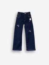 Girls' Dark Wash Wide-Leg Graphic Jeans