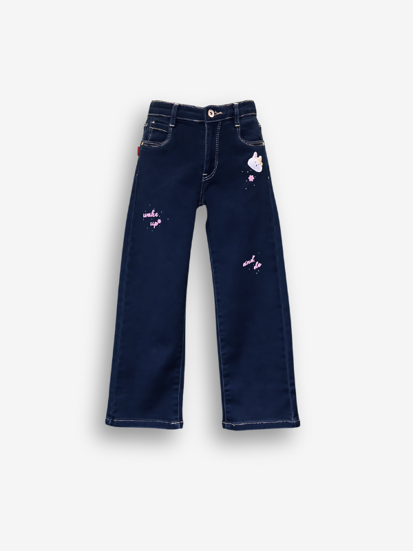 Girls' Dark Wash Wide-Leg Graphic Jeans
