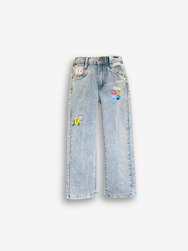 Girls' Light Wash Wide-Leg Graphic Jeans