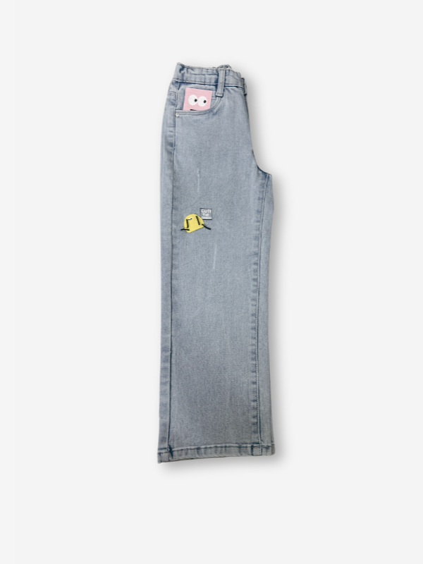 Girls' Light Wash Wide-Leg Graphic Jeans