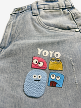 Girls' Light Wash Wide-Leg Graphic Jeans