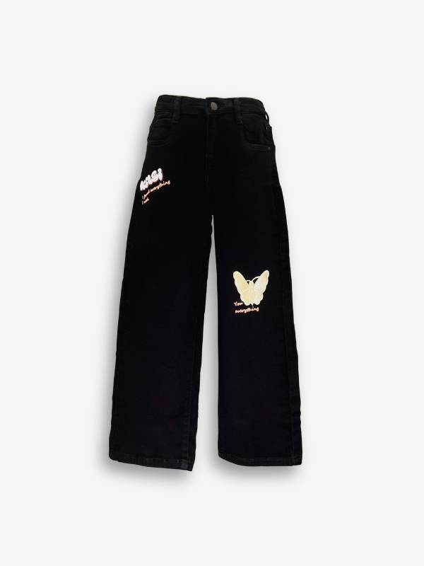 Girls' Black Wide-Leg Butterfly Graphic Jeans