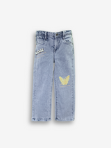 Girls' Light Wash Wide-Leg Butterfly Graphic Jeans