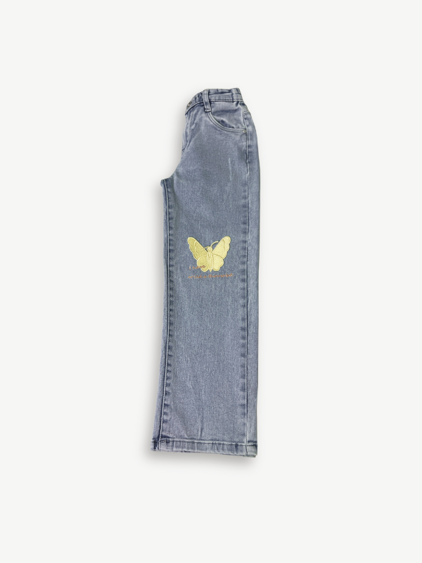 Girls' Light Wash Wide-Leg Butterfly Graphic Jeans
