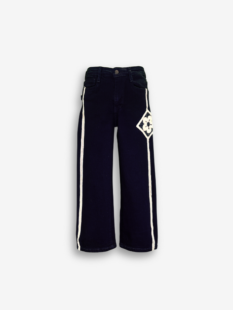 Girls' Black Wide-Leg Jeans with Flower Appliqué