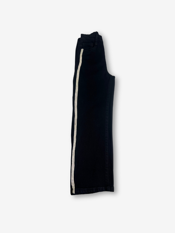 Girls' Black Wide-Leg Jeans with Flower Appliqué