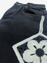Girls' Black Wide-Leg Jeans with Flower Appliqué