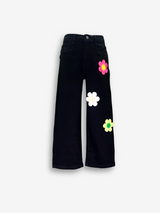 Girls' Black Wide-Leg Flower Appliqué Jeans