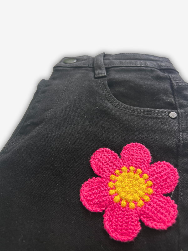 Girls' Black Wide-Leg Flower Appliqué Jeans