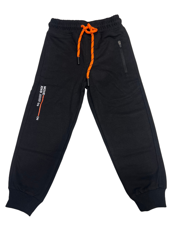 A pair of boys' black fleece jogger track pants with an elastic waist, orange and black contrast drawstring, ribbed ankle cuffs, and a vertical zippered pocket.