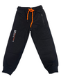 A pair of boys' black fleece jogger track pants with an elastic waist, orange and black contrast drawstring, ribbed ankle cuffs, and a vertical zippered pocket.