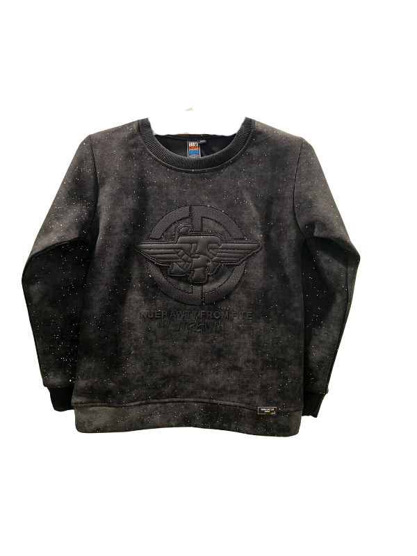 Black boys' short-sleeve T-shirt with a large, tan and brown "GUCCI" inspired graphic and a detailed bee design with shimmering rhinestone pyramid accents below it