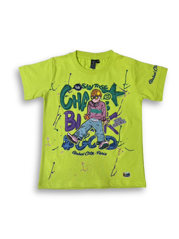 Boys' bright neon green short-sleeve t-shirt featuring a colorful graphic of a character wearing a cap and glasses, surrounded by purple and blue graffiti text and paint splatters.

Export to Sheets