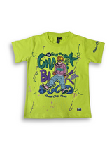 Boys' bright neon green short-sleeve t-shirt featuring a colorful graphic of a character wearing a cap and glasses, surrounded by purple and blue graffiti text and paint splatters.

Export to Sheets