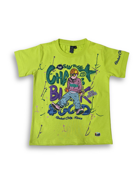 Boys' bright neon green short-sleeve t-shirt featuring a colorful graphic of a character wearing a cap and glasses, surrounded by purple and blue graffiti text and paint splatters.

Export to Sheets