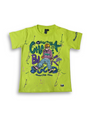 Boys' bright neon green short-sleeve t-shirt featuring a colorful graphic of a character wearing a cap and glasses, surrounded by purple and blue graffiti text and paint splatters.

Export to Sheets