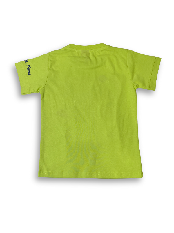Boys' bright neon green short-sleeve t-shirt featuring a colorful graphic of a character wearing a cap and glasses, surrounded by purple and blue graffiti text and paint splatters.

Export to Sheets