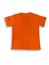Boys' bright orange short-sleeve t-shirt featuring a colorful graphic of a character wearing glasses, surrounded by blue, green, and yellow graffiti text and paint splatters.

Export to Sheets