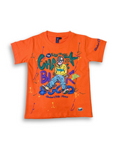 Boys' bright orange short-sleeve t-shirt featuring a colorful graphic of a character wearing glasses, surrounded by blue, green, and yellow graffiti text and paint splatters.

Export to Sheets