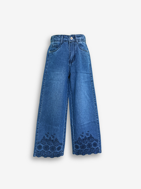 Girls' Dark Wash Wide-Leg Jeans with Lace Hem