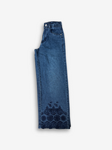 Girls' Dark Wash Wide-Leg Jeans with Lace Hem