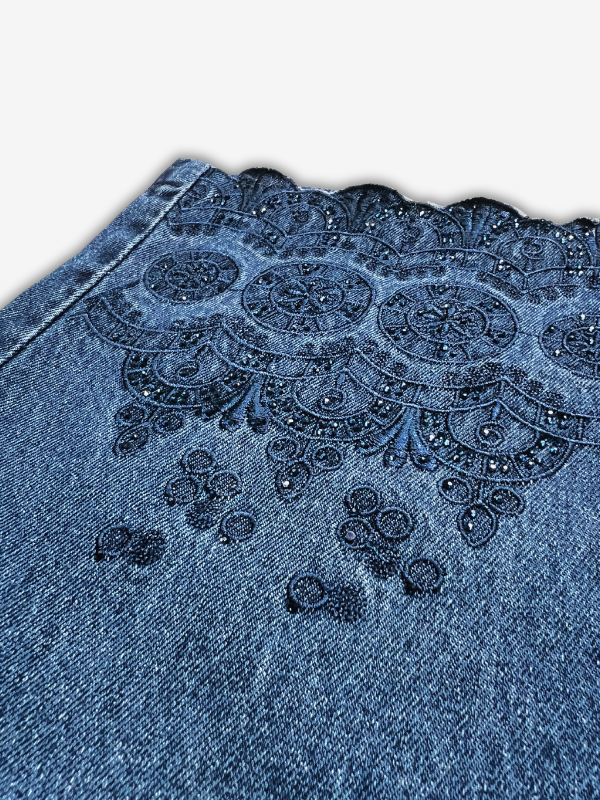 Girls' Dark Wash Wide-Leg Jeans with Lace Hem