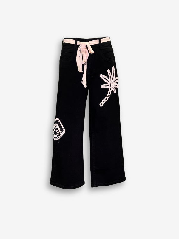 Girls' Black Wide-Leg Crocheted Appliqué Jeans