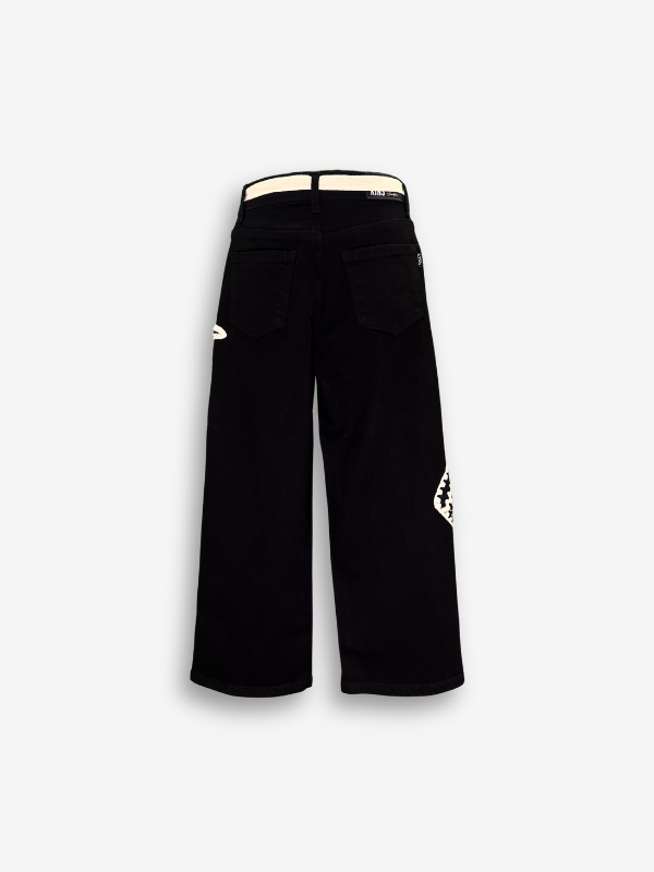 Girls' Black Wide-Leg Crocheted Appliqué Jeans