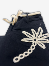 Girls' Black Wide-Leg Crocheted Appliqué Jeans