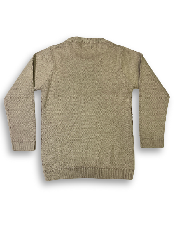 Boys' light brown knit sweater with long sleeves and large, brown, graffiti-style words and slogans printed across the front.

Export to Sheets