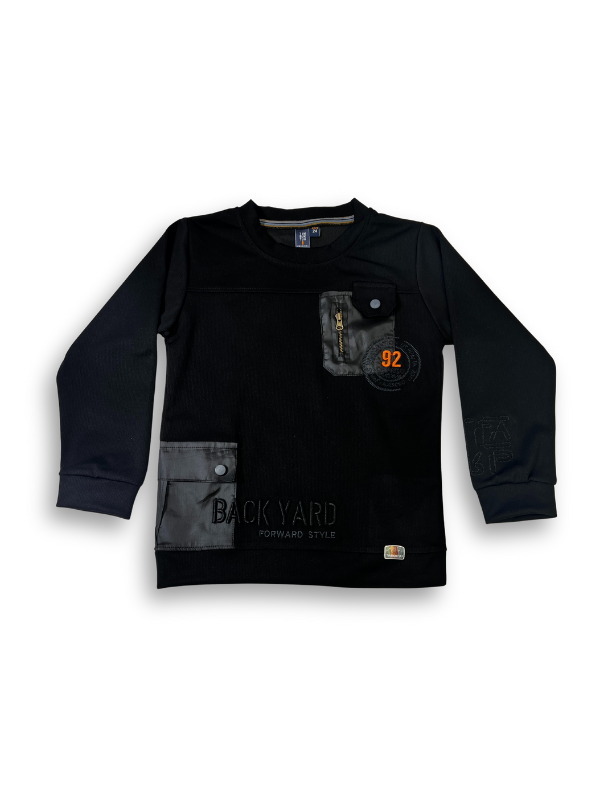 Boys' black long-sleeve sweatshirt with two contrast black utility pockets, one with a zipper, and a small orange '92' graphic on the chest.

Export to Sheets