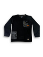 Boys' black long-sleeve sweatshirt with two contrast black utility pockets, one with a zipper, and a small orange '92' graphic on the chest.

Export to Sheets