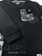 Boys' black long-sleeve sweatshirt with two contrast black utility pockets, one with a zipper, and a small orange '92' graphic on the chest.

Export to Sheets