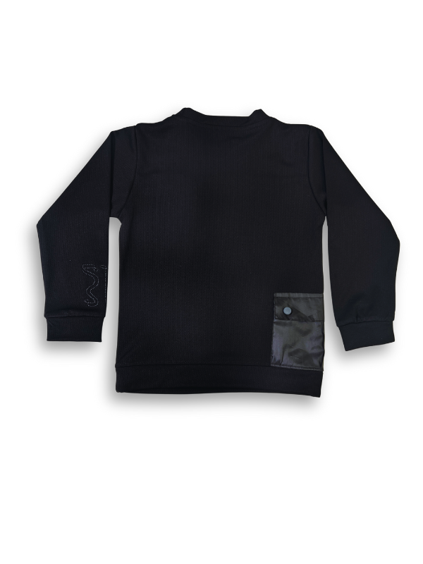 Boys' black long-sleeve sweatshirt with two contrast black utility pockets, one with a zipper, and a small orange '92' graphic on the chest.

Export to Sheets