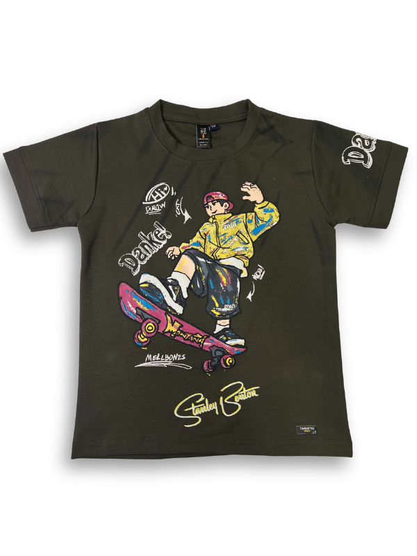 Boys' dark olive green short-sleeve t-shirt featuring a large, colorful, graffiti-style graphic of a boy performing a trick on a skateboard.

Export to Sheets
