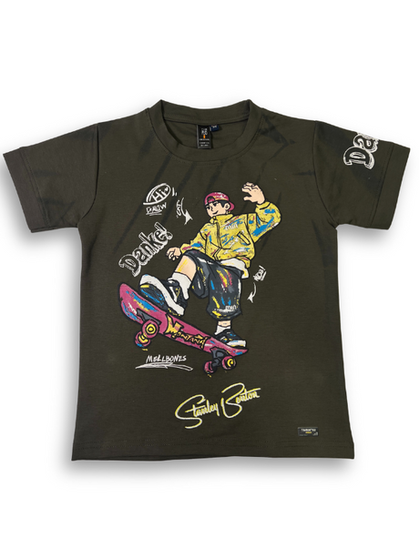 Boys' dark olive green short-sleeve t-shirt featuring a large, colorful, graffiti-style graphic of a boy performing a trick on a skateboard.

Export to Sheets
