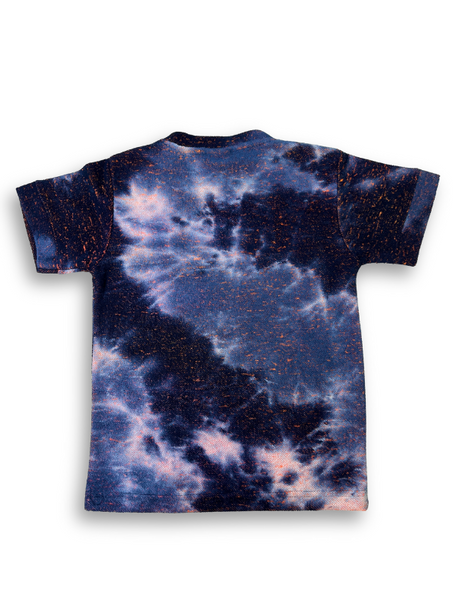 Boys' dark blue t-shirt with orange bleach-effect tie-dye and a central embroidered slogan with the word 'NICE' in bright, abstract colors.

Export to Sheets