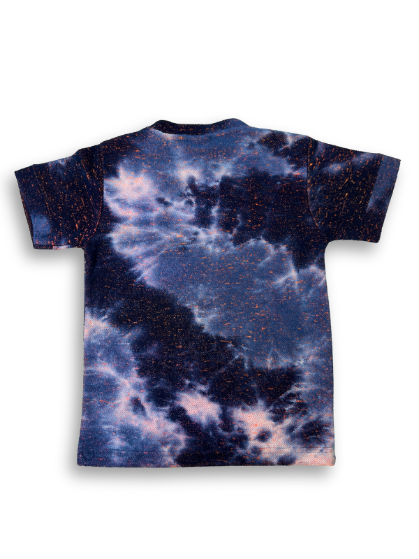Boys' dark blue t-shirt with orange bleach-effect tie-dye and a central embroidered slogan with the word 'NICE' in bright, abstract colors.

Export to Sheets