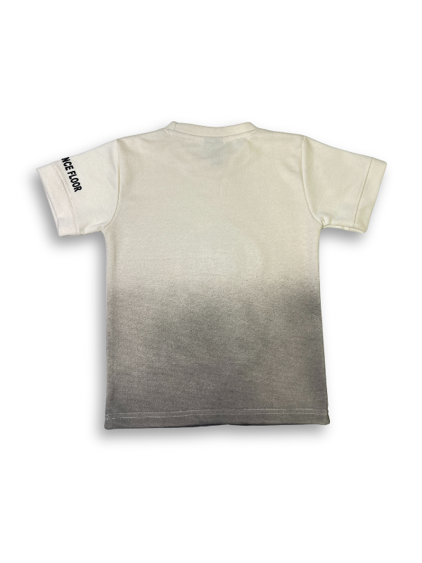 Boys' short-sleeve T-shirt in a cream/beige tie-dye pattern, featuring the word 'Again' in black script and a colorful, abstract sunburst graphic on the shoulder.