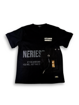 Boys' black short-sleeve t-shirt with a textured look, a slanted cargo utility pocket with a drawcord, and white and grey lettering on the chest.

Export to Sheets